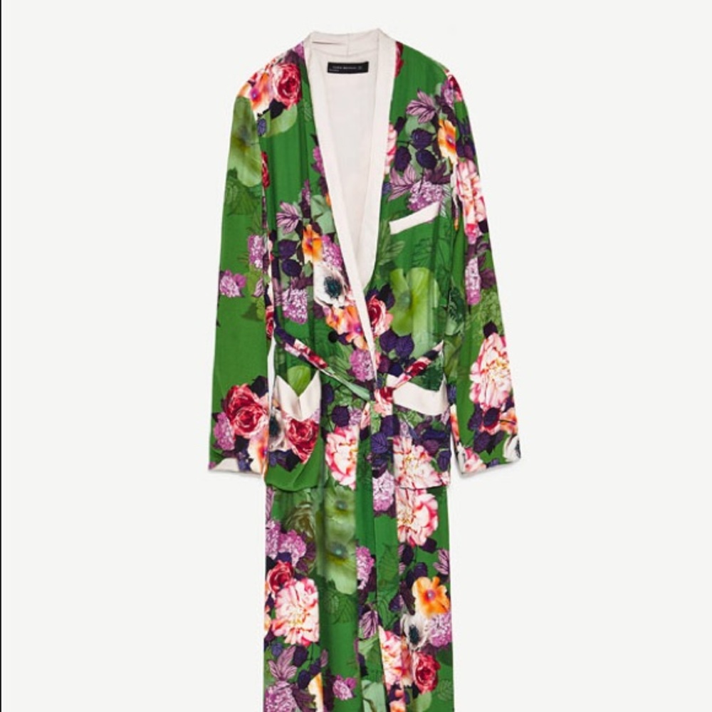 Zara silk green floral kimono robe.